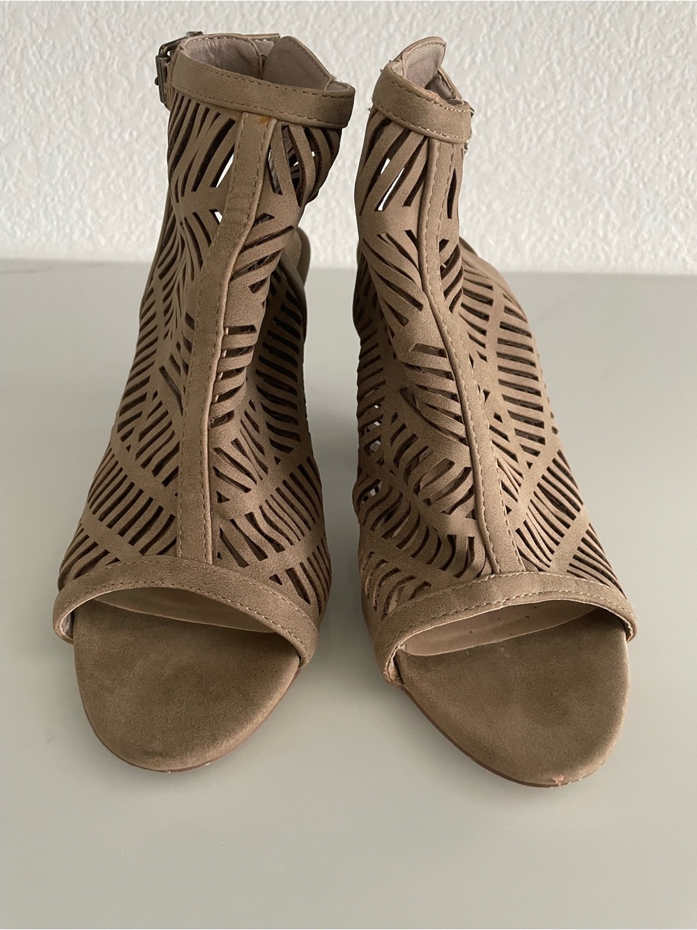 Cutout Peep-Toe Ankle Sandals - Taupe